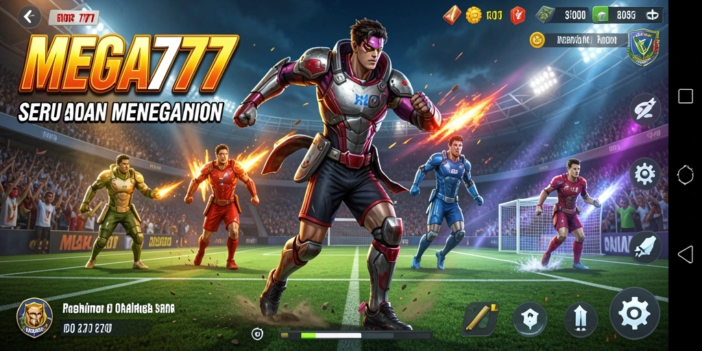 Tangkapan layar utama MEGA777 menampilkan aksi seru di lapangan olahraga.