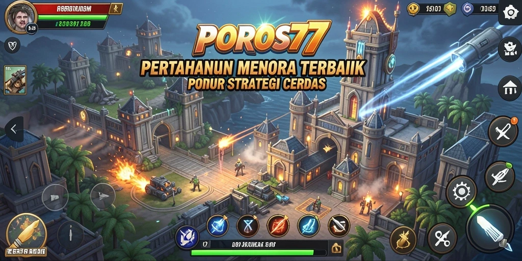 Tangkapan layar dari gameplay POROS77 menampilkan pertahanan menara yang menegangkan.