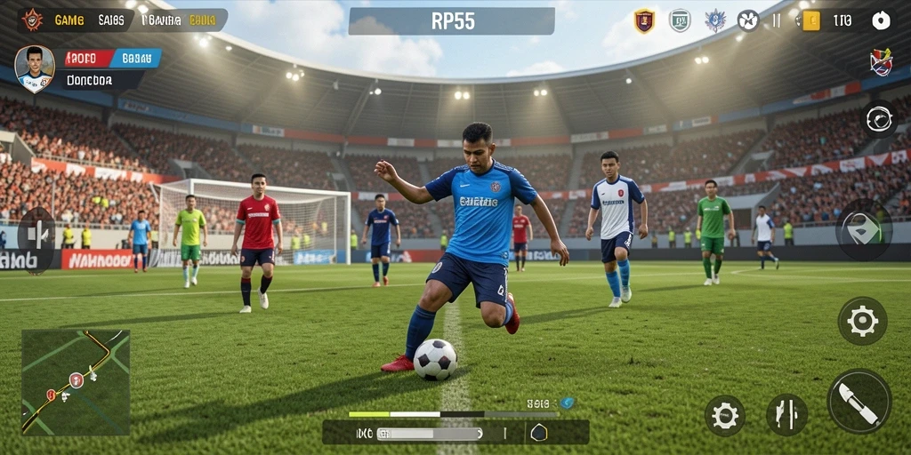 Screenshot utama RP55 menampilkan aksi seru di lapangan sepak bola.