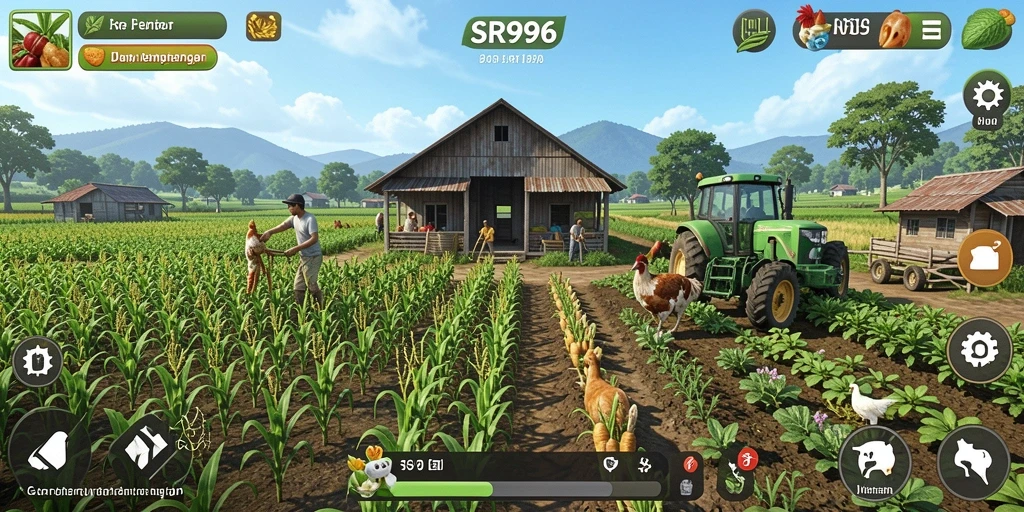 Screenshot gameplay SR996 menampilkan lahan pertanian yang cerah dan aktif.